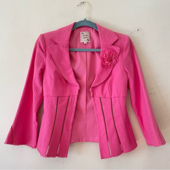Vintage Nanette Lepore hot pink corset style rossete lace blazer barbiecore sz 4 - Picture 6 of 11